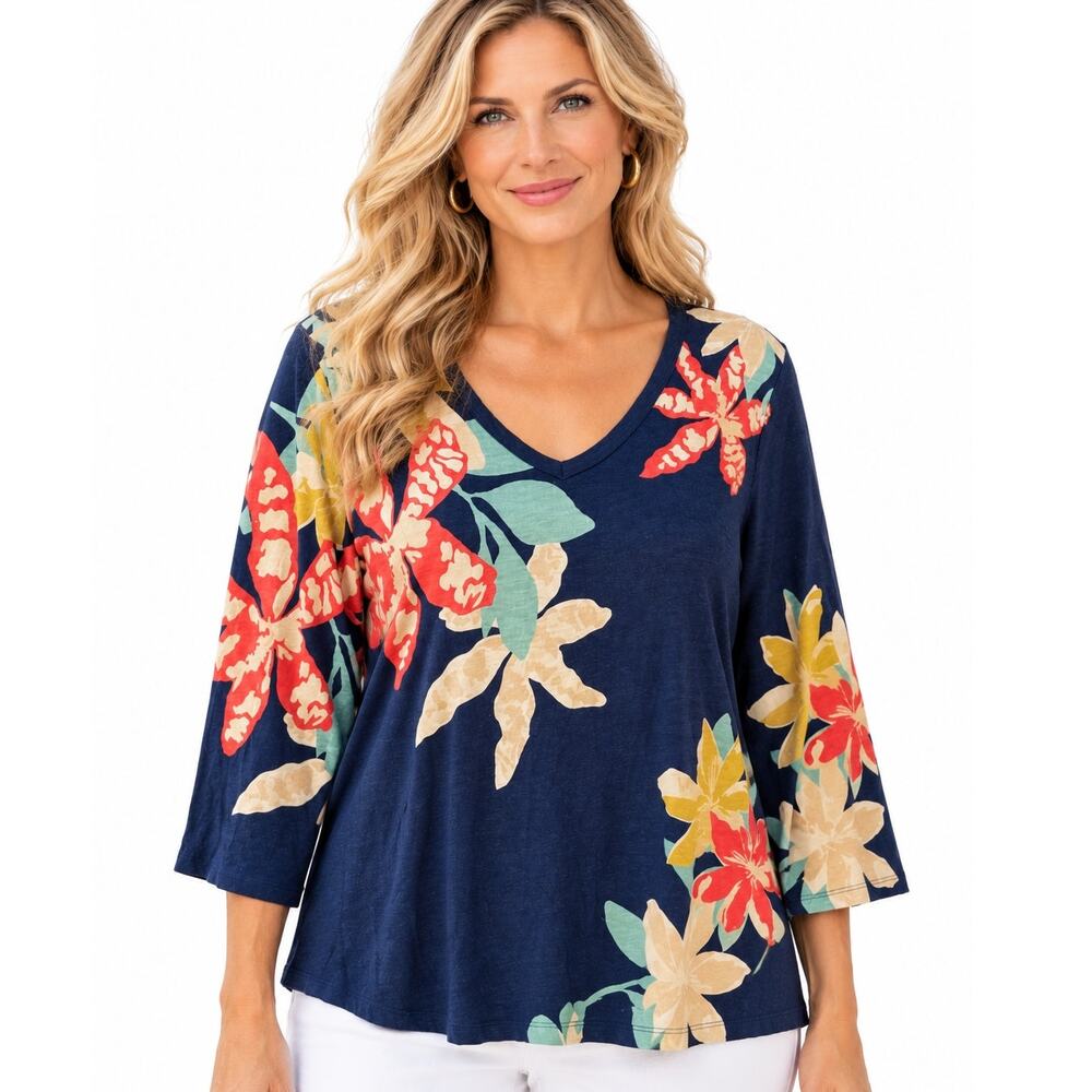 Chicos Tropical Floral Top Size 3 (Womens XL) V-Neck Cotton Modal Casual Tee